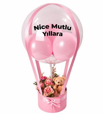 balonlu pembe çiçek aranjmanı, ayıcıklı yapay çiçek